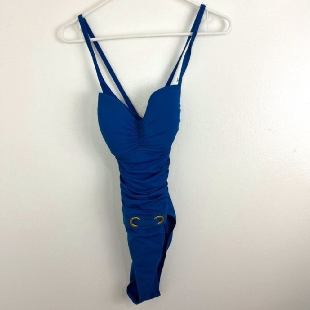 Bleu by Rod Beattie Blue One Piece with Gold Ring Belt Detail